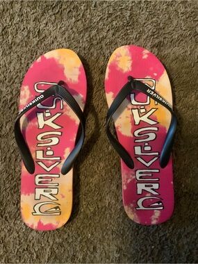Quiksilver adultPink and Yellow Tie-Dye Flip Flops with Black Straps